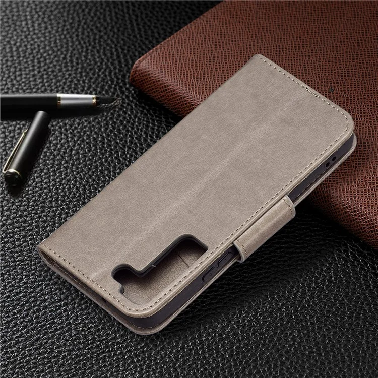 Imprinted PU Leather Magnetic Flip Case Wallet Stand Schockfestes Cover mit Riemen für Samsung Galaxy S22 5G - Grau