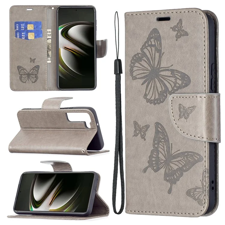 Imprinted PU Leather Magnetic Flip Case Wallet Stand Schockfestes Cover mit Riemen für Samsung Galaxy S22 5G - Grau