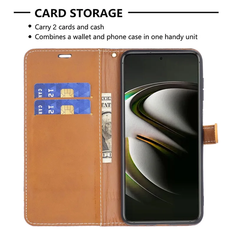 Splicing Jeans Cloth Magnetic Clasp Stand PU Leather Wallet Leather Phone Case with Carrying Lanyard for Samsung Galaxy S22 5G - Black