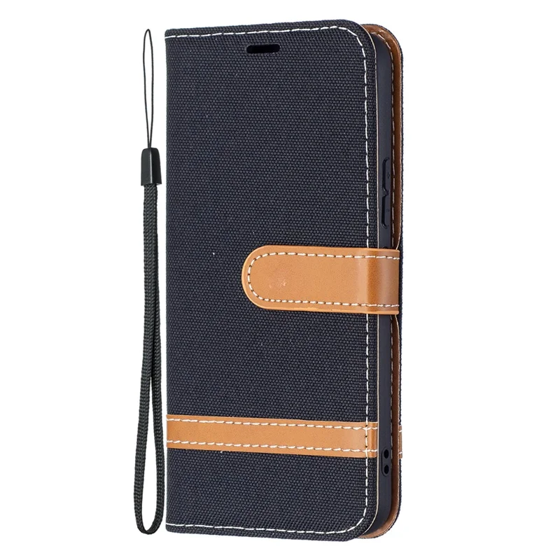 Splicing Jeans Cloth Magnetic Clasp Stand PU Leather Wallet Leather Phone Case with Carrying Lanyard for Samsung Galaxy S22 5G - Black