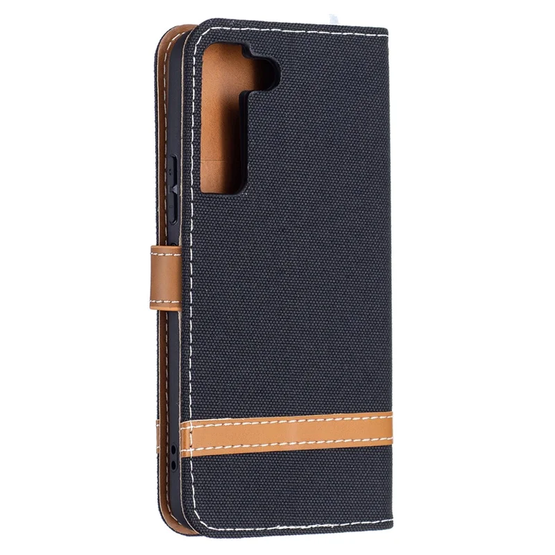 Splicing Jeans Cloth Magnetic Clasp Stand PU Leather Wallet Leather Phone Case with Carrying Lanyard for Samsung Galaxy S22 5G - Black