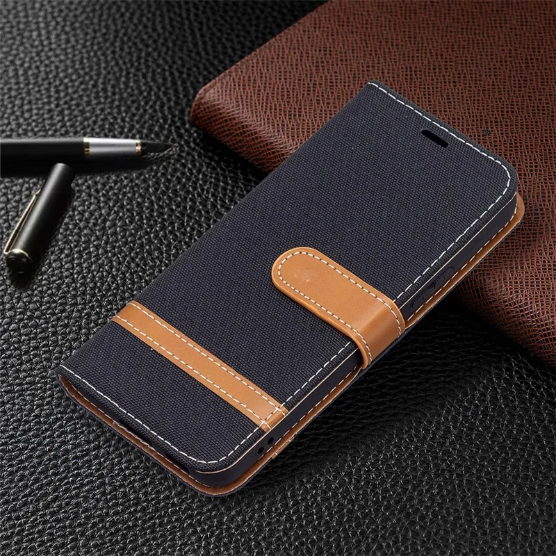 Splicing Jeans Cloth Magnetic Clasp Stand PU Leather Wallet Leather Phone Case with Carrying Lanyard for Samsung Galaxy S22 5G - Black