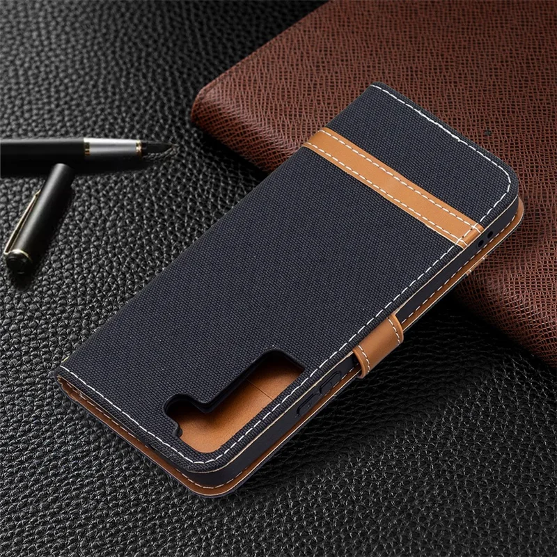 Splicing Jeans Cloth Magnetic Clasp Stand PU Leather Wallet Leather Phone Case with Carrying Lanyard for Samsung Galaxy S22 5G - Black