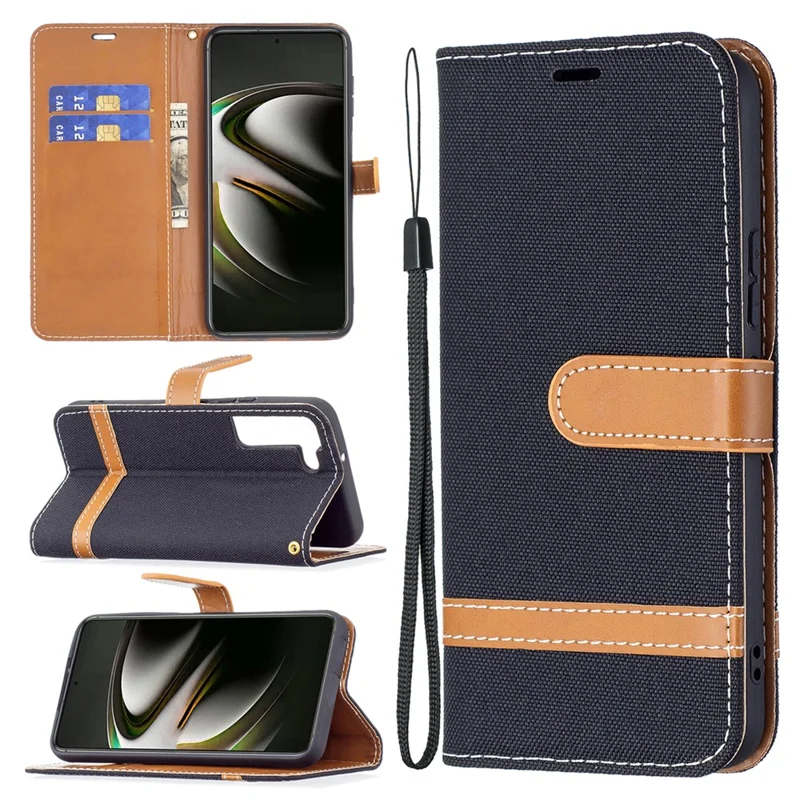 Splicing Jeans Cloth Magnetic Clasp Stand PU Leather Wallet Leather Phone Case with Carrying Lanyard for Samsung Galaxy S22 5G - Black