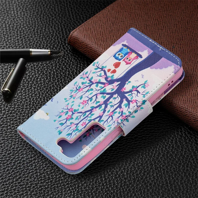 Pattern Printing PU Leather Flip Case Stand Magnetic Closure Protective Wallet Phone Cover for Samsung Galaxy S22 5G - Two Owls