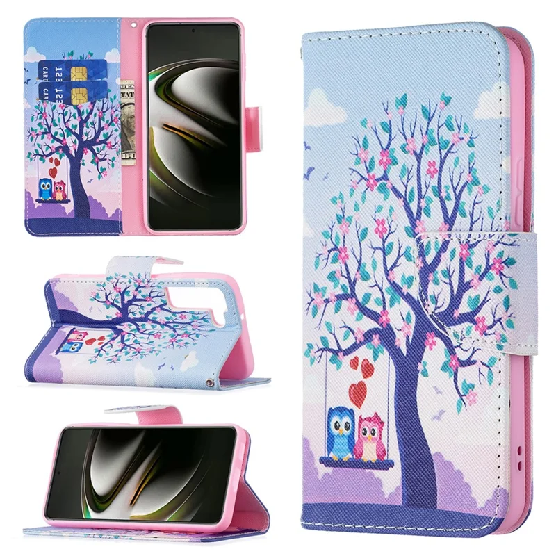 Pattern Printing PU Leather Flip Case Stand Magnetic Closure Protective Wallet Phone Cover for Samsung Galaxy S22 5G - Two Owls