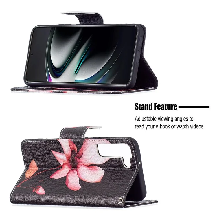 Pattern Printing PU Leather Flip Magnetic Cover Wallet Stand All-Round Protective Case for Samsung Galaxy S22+ 5G - Lotus