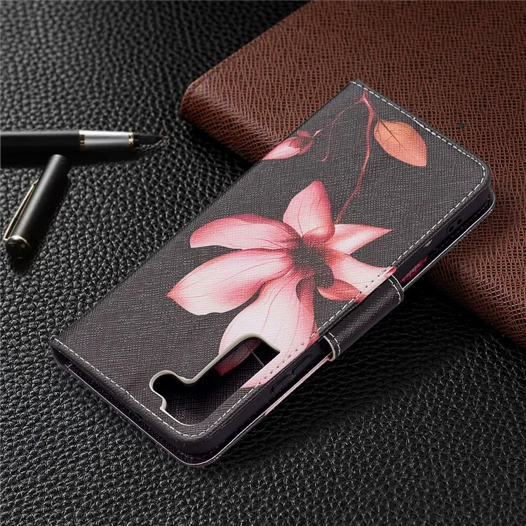 Pattern Printing PU Leather Flip Magnetic Cover Wallet Stand All-Round Protective Case for Samsung Galaxy S22+ 5G - Lotus