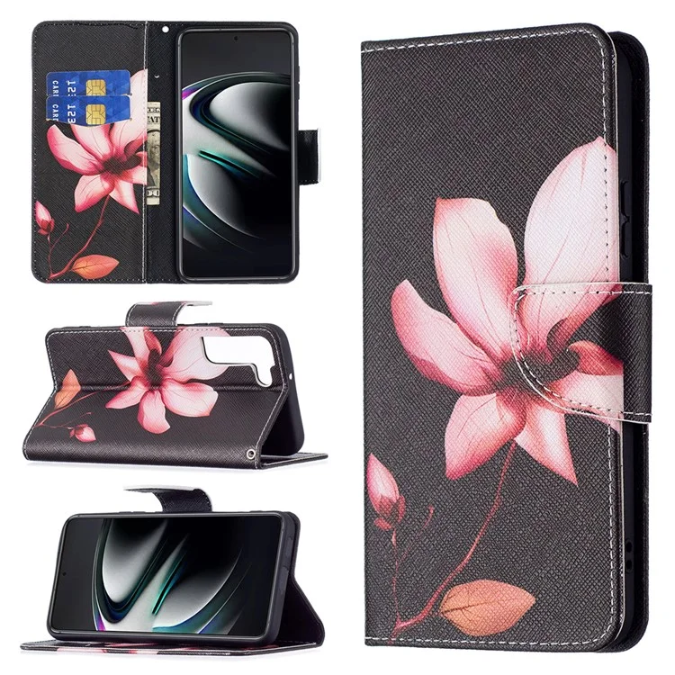 Pattern Printing PU Leather Flip Magnetic Cover Wallet Stand All-Round Protective Case for Samsung Galaxy S22+ 5G - Lotus