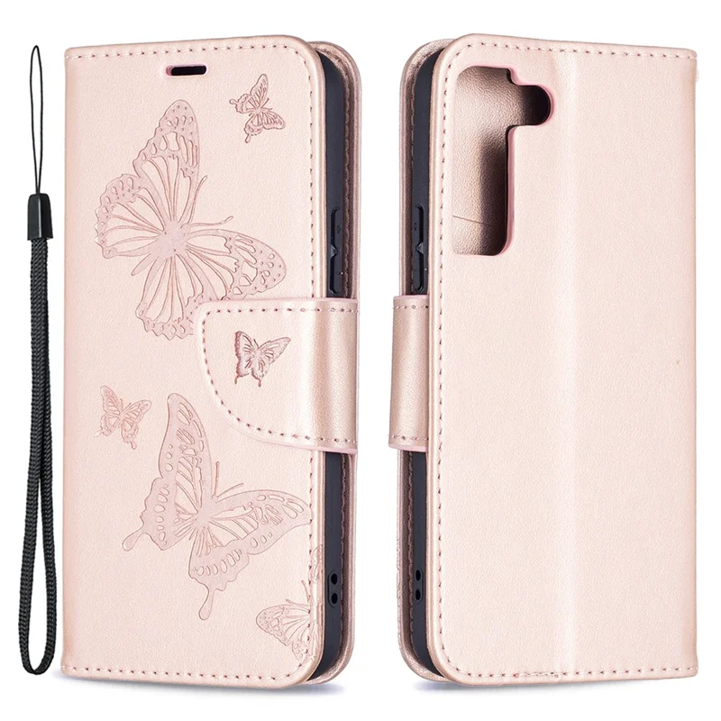 Phone Case Imprint Butterfly Pattern Anti-Scratch Stylish Handy Strap Wallet Leather Cover with Stand for Samsung Galaxy S22+ 5G - Rose Gold