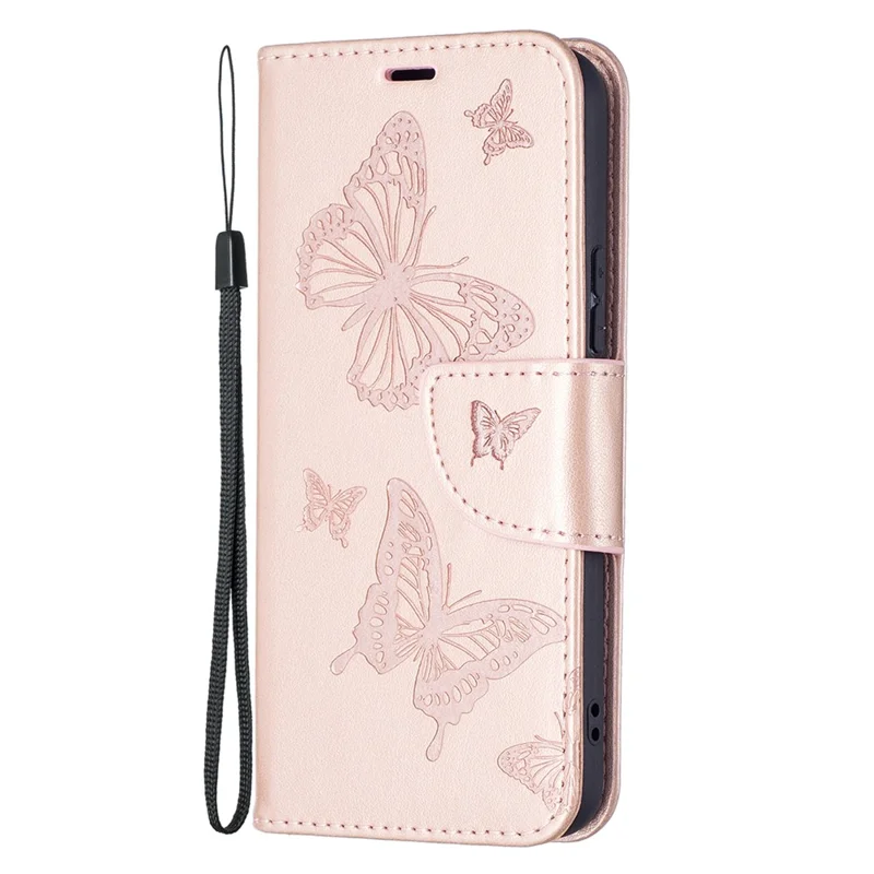 Phone Case Imprint Butterfly Pattern Anti-Scratch Stylish Handy Strap Wallet Leather Cover with Stand for Samsung Galaxy S22+ 5G - Rose Gold