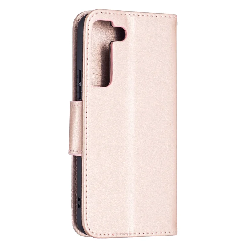 Phone Case Imprint Butterfly Pattern Anti-Scratch Stylish Handy Strap Wallet Leather Cover with Stand for Samsung Galaxy S22+ 5G - Rose Gold