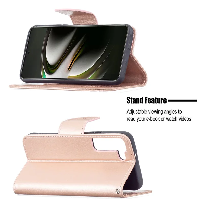 Phone Case Imprint Butterfly Pattern Anti-Scratch Stylish Handy Strap Wallet Leather Cover with Stand for Samsung Galaxy S22+ 5G - Rose Gold