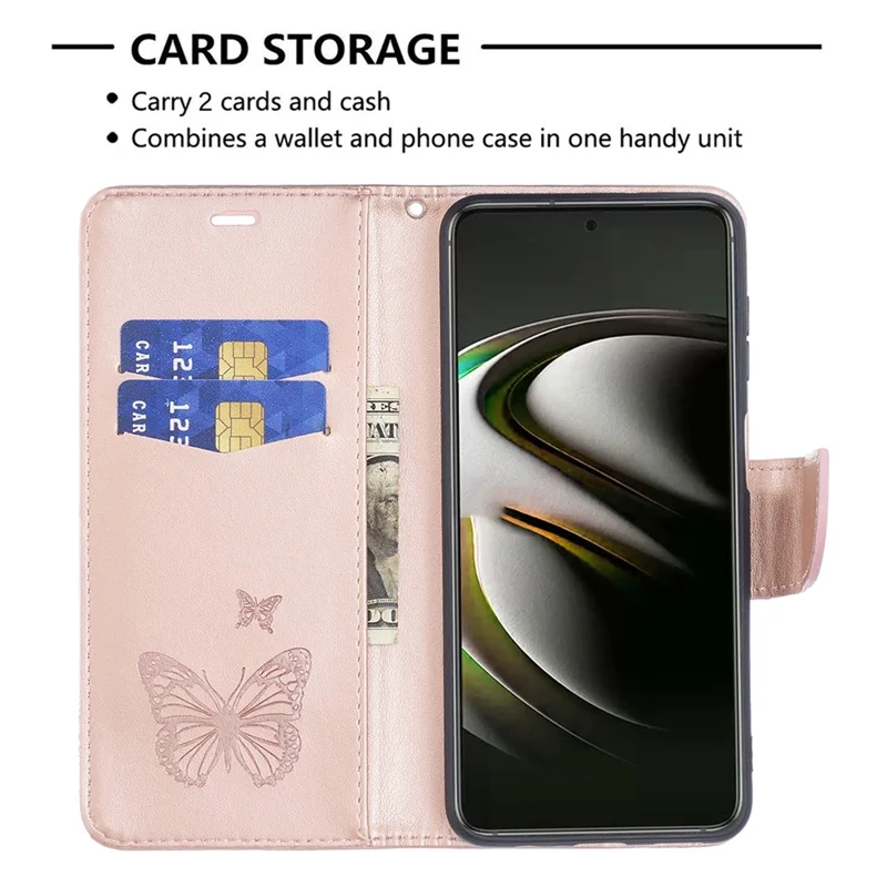 Phone Case Imprint Butterfly Pattern Anti-Scratch Stylish Handy Strap Wallet Leather Cover with Stand for Samsung Galaxy S22+ 5G - Rose Gold