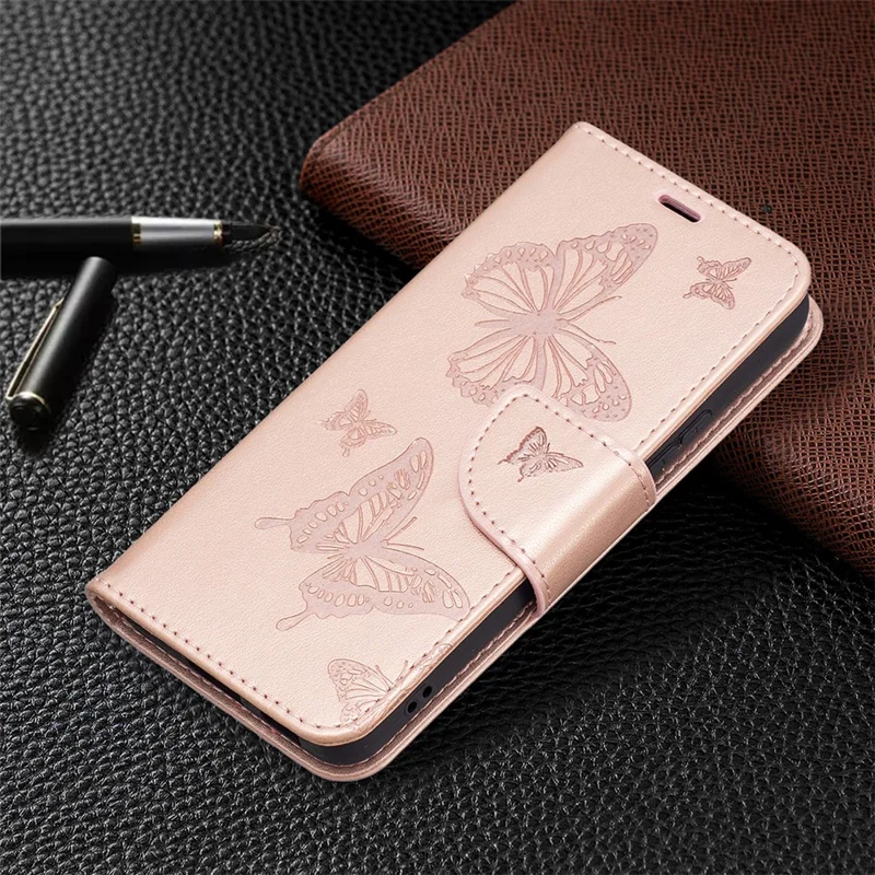 Phone Case Imprint Butterfly Pattern Anti-Scratch Stylish Handy Strap Wallet Leather Cover with Stand for Samsung Galaxy S22+ 5G - Rose Gold