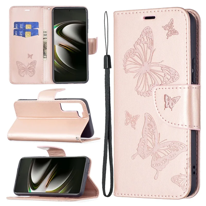 Phone Case Imprint Butterfly Pattern Anti-Scratch Stylish Handy Strap Wallet Leather Cover with Stand for Samsung Galaxy S22+ 5G - Rose Gold