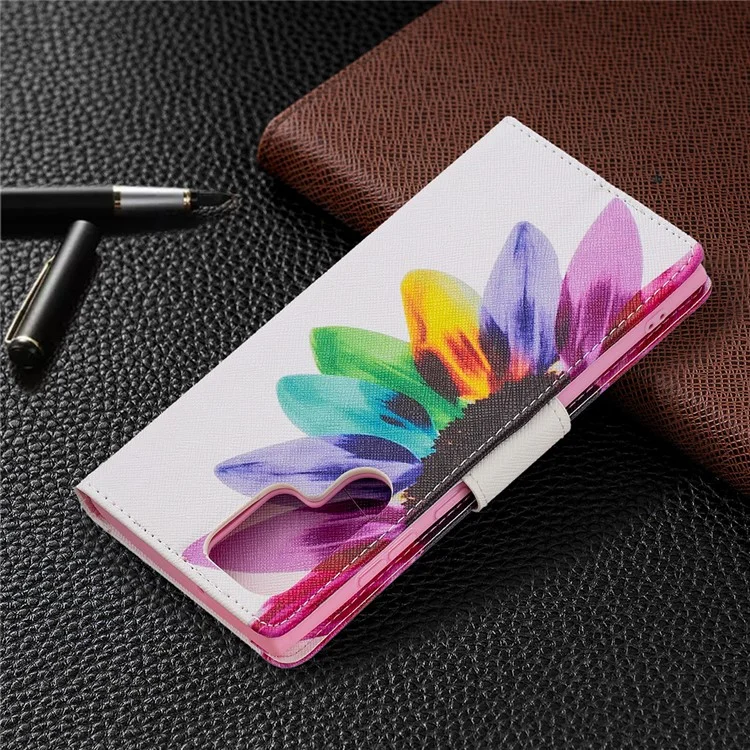 Stand Feature Pattern Printing PU Leather Wallet Case Magnetic Flip Shockproof Protective Cover for Samsung Galaxy S22 Ultra 5G - Sunflower