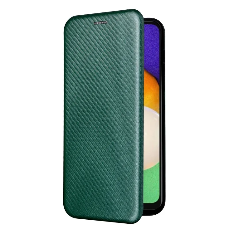 Texture en Fibre de Carbone pu en Cuir Magnétique Magnétique Auto Fermeture du Support Horizontal Avec Fente de Carte et Bracelet en Anneau Pour Samsung Galaxy A13 5G - Vert