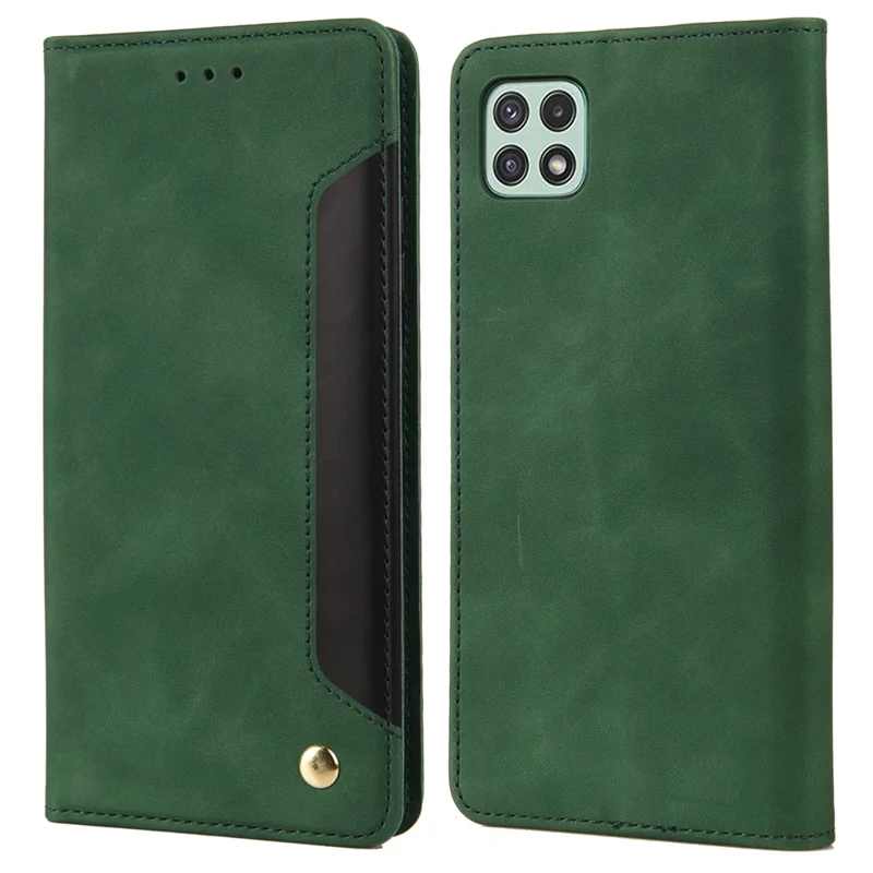 Scratch-resistant Flip Phone Case Splicing Leather Phone Stand Cover Shell for Samsung Galaxy A22 5G (EU Version) - Green