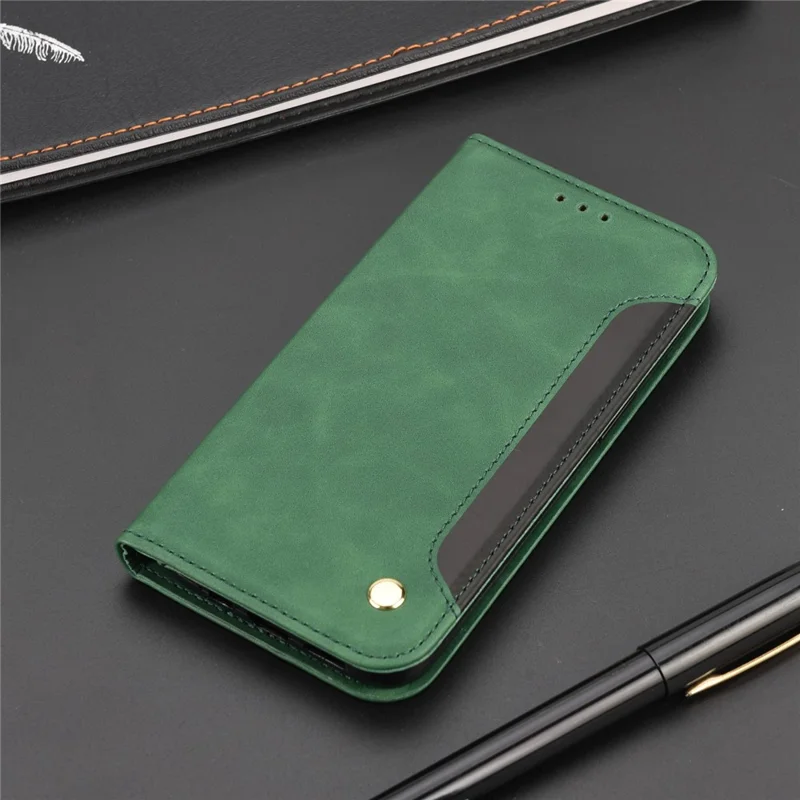Scratch-resistant Flip Phone Case Splicing Leather Phone Stand Cover Shell for Samsung Galaxy A22 5G (EU Version) - Green