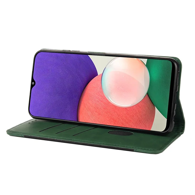 Scratch-resistant Flip Phone Case Splicing Leather Phone Stand Cover Shell for Samsung Galaxy A22 5G (EU Version) - Green