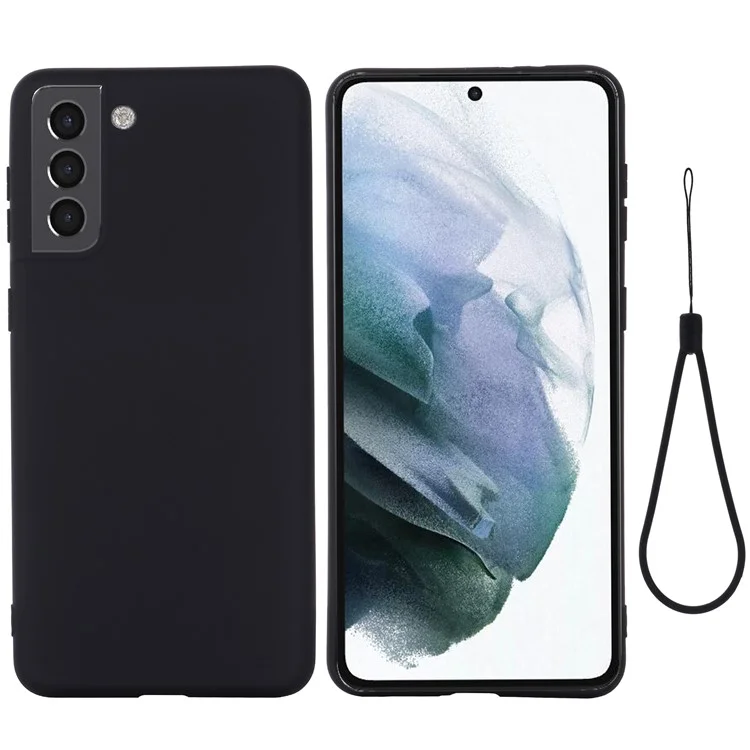Gut geschützter Flüssigkeitssilikon-Soft-Handyhülle mit Handschlaufe für Samsung Galaxy S22 5G - Schwarz