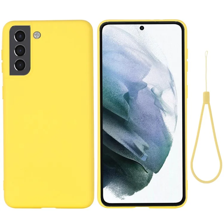 Einfarbige flüssige Silikonabstiegsresistente Handyhülle mit Schlaufe für Samsung Galaxy S22+ 5G - Gelb
