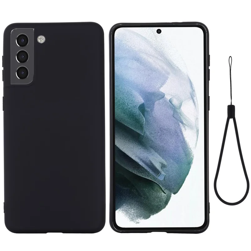 Solid Color Liquid Silicone Drop-resistant Phone Case Cover with Strap for Samsung Galaxy S22+ 5G - Black