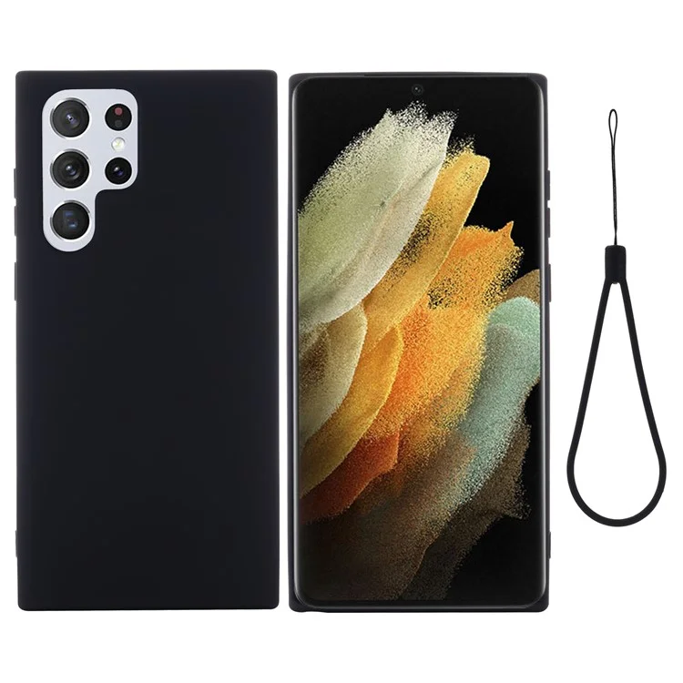 Flüssiges Silikon Mikrofaser Futter Handy Rückenabdeckung mit Gurt für Samsung Galaxy S22 Ultra 5G - Schwarz
