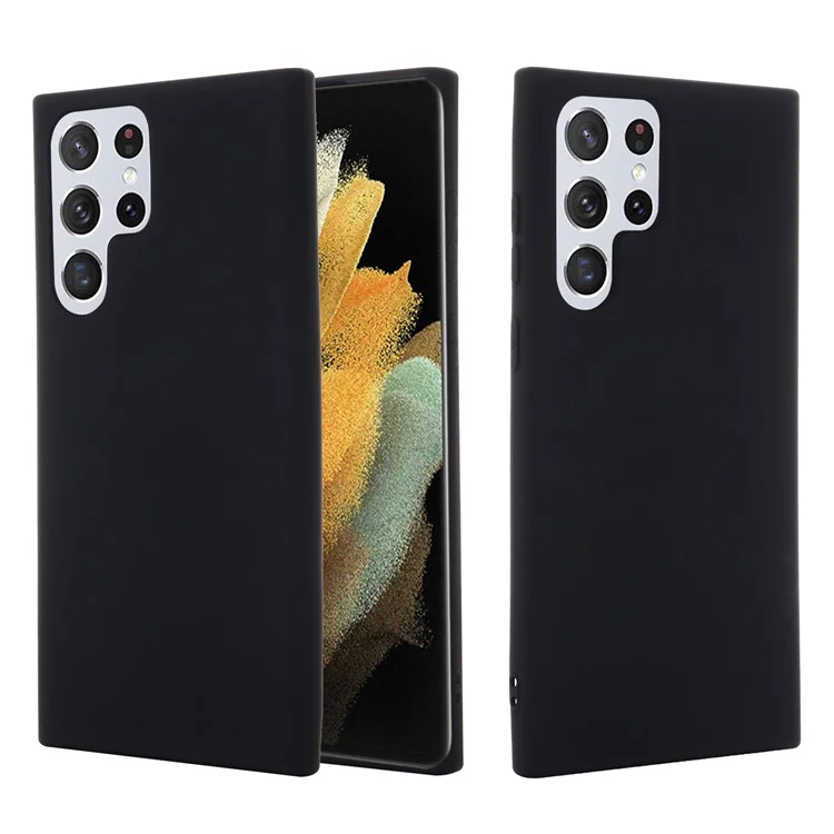Flüssiges Silikon Mikrofaser Futter Handy Rückenabdeckung mit Gurt für Samsung Galaxy S22 Ultra 5G - Schwarz
