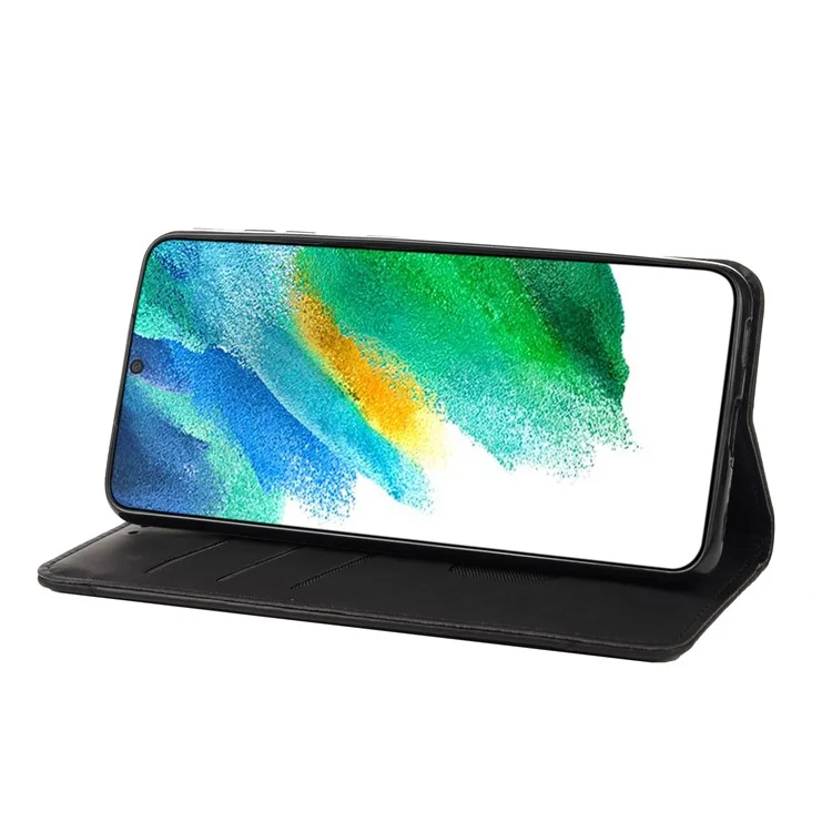 Handy-Ständer-Abdeckung stoßfest Business-Handy-Gehäuse Splicing Leder-Shell für Samsung Galaxy S21 FE 5G - Schwarz