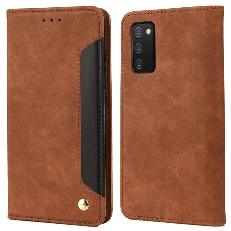 Lightweight Phone Stand Cover Shockproof Business Phone Case Splicing Leather Shell for Samsung Galaxy A03s (166.5 x 75.98 x 9.14mm) - Brown