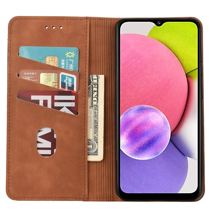 Lightweight Phone Stand Cover Shockproof Business Phone Case Splicing Leather Shell for Samsung Galaxy A03s (166.5 x 75.98 x 9.14mm) - Brown