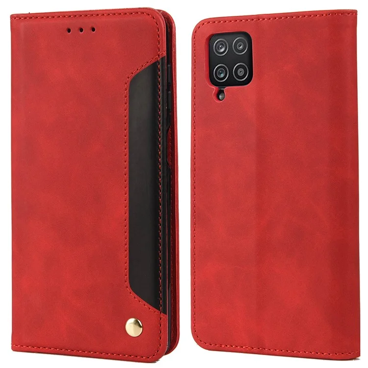 Shockproof Business Style Phone Stand Cover Phone Case Splicing Leather Shell for Samsung Galaxy A12 - Red