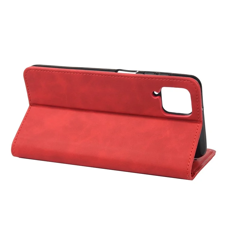 Shockproof Business Style Phone Stand Cover Phone Case Splicing Leather Shell for Samsung Galaxy A12 - Red