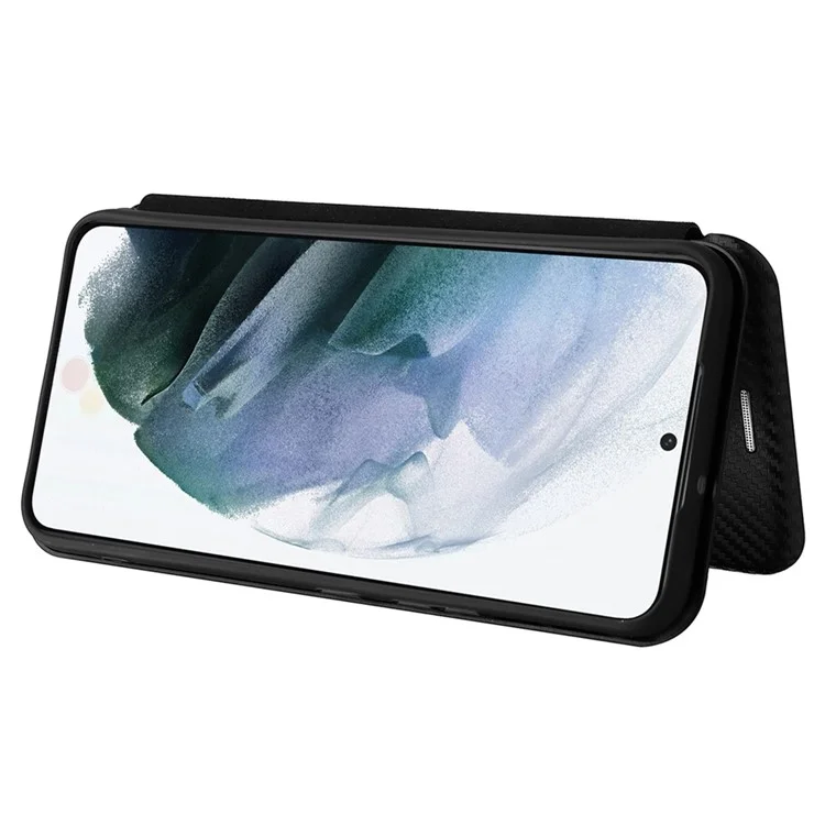 Carbon Fiber Texture Auto-absorbed Magnetic Closure Leather Stand Phone Case with Card Slot for Samsung Galaxy S22 5G - Black