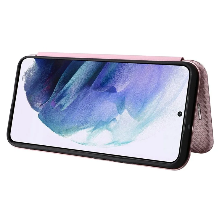 Carbon Fiber Texture PU Leather Phone Case Auto-absorbed Magnetic Closure Stand Flip Cover with Ring Strap for Samsung Galaxy S22+ 5G - Rose Gold