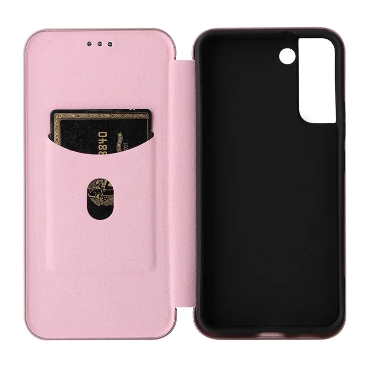 Carbon Fiber Texture PU Leather Phone Case Auto-absorbed Magnetic Closure Stand Flip Cover with Ring Strap for Samsung Galaxy S22+ 5G - Rose Gold