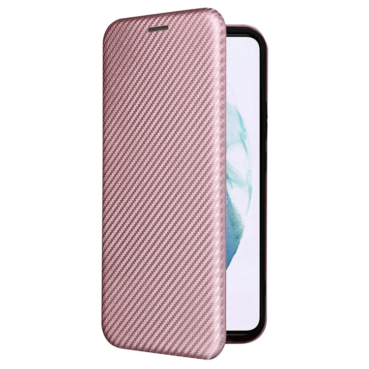 Carbon Fiber Texture PU Leather Phone Case Auto-absorbed Magnetic Closure Stand Flip Cover with Ring Strap for Samsung Galaxy S22+ 5G - Rose Gold