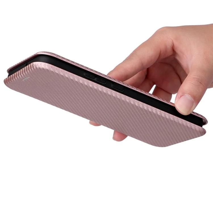 Carbon Fiber Texture PU Leather Phone Case Auto-absorbed Magnetic Closure Stand Flip Cover with Ring Strap for Samsung Galaxy S22+ 5G - Rose Gold