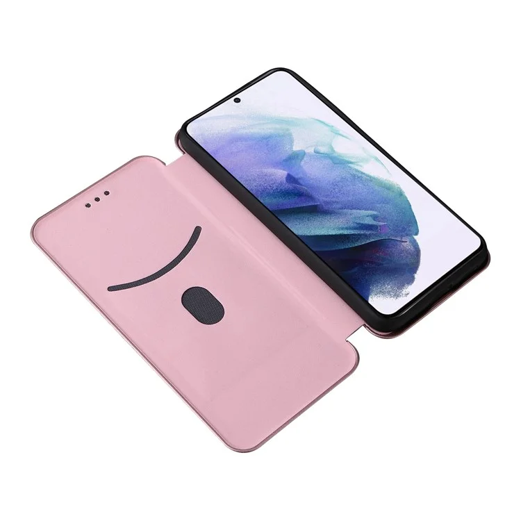 Carbon Fiber Texture PU Leather Phone Case Auto-absorbed Magnetic Closure Stand Flip Cover with Ring Strap for Samsung Galaxy S22+ 5G - Rose Gold