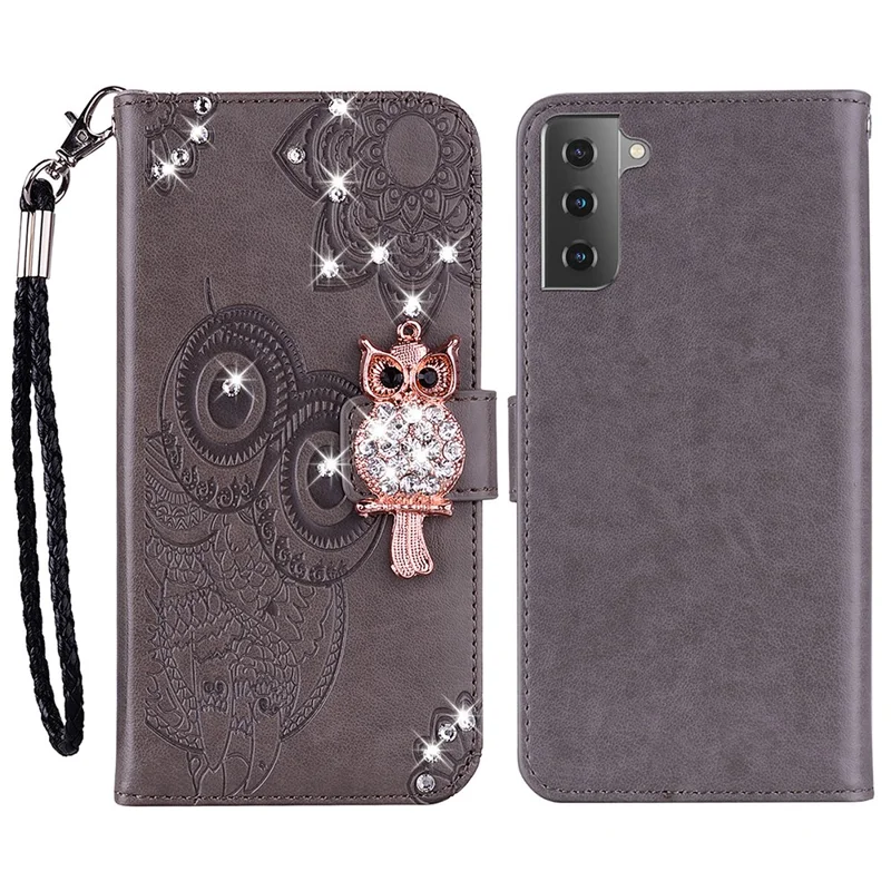 Owl Flower Imprinted Design PU Leather Wallet Stand Flip Case with Rhinestone Decor and Strap for Samsung Galaxy S22 5G - Grey