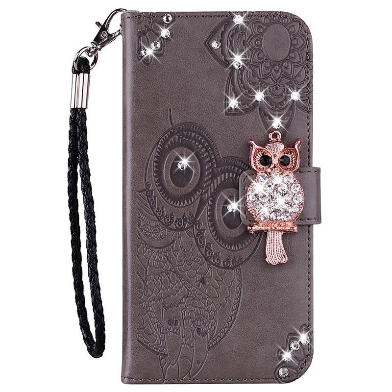 Owl Flower Imprinted Design PU Leather Wallet Stand Flip Case with Rhinestone Decor and Strap for Samsung Galaxy S22 5G - Grey
