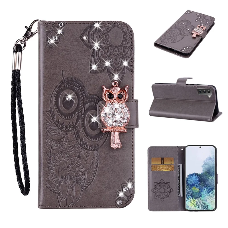 Owl Flower Imprinted Design PU Leather Wallet Stand Flip Case with Rhinestone Decor and Strap for Samsung Galaxy S22 5G - Grey