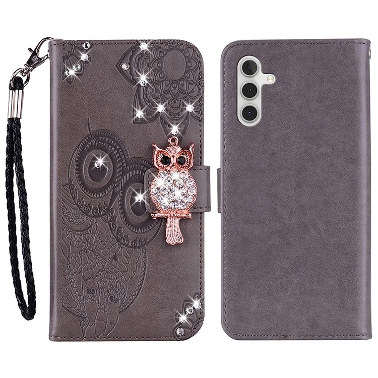 Rhinestone Decor Flip PU Leather Magnetic Clasp Case Wallet Stand Owl Flower Imprinted Shell Cover with Strap for Samsung Galaxy A13 5G / A04s 4G (164.7 x 76.7 x 9.1 mm) - Grey