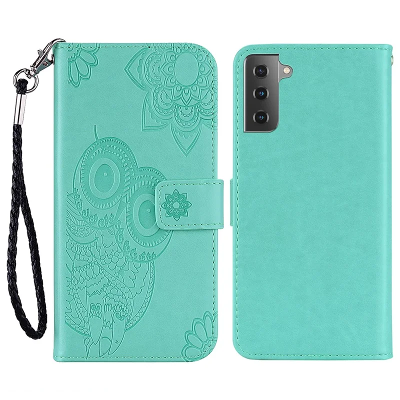 Owl Flower Pattern Imprinted PU Leather Wallet Stand All-Inclusive Protective Case with Strap for Samsung Galaxy S22 5G - Cyan