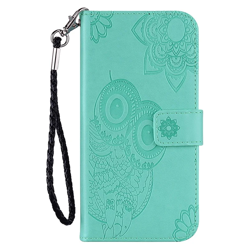 Owl Flower Pattern Imprinted PU Leather Wallet Stand All-Inclusive Protective Case with Strap for Samsung Galaxy S22 5G - Cyan