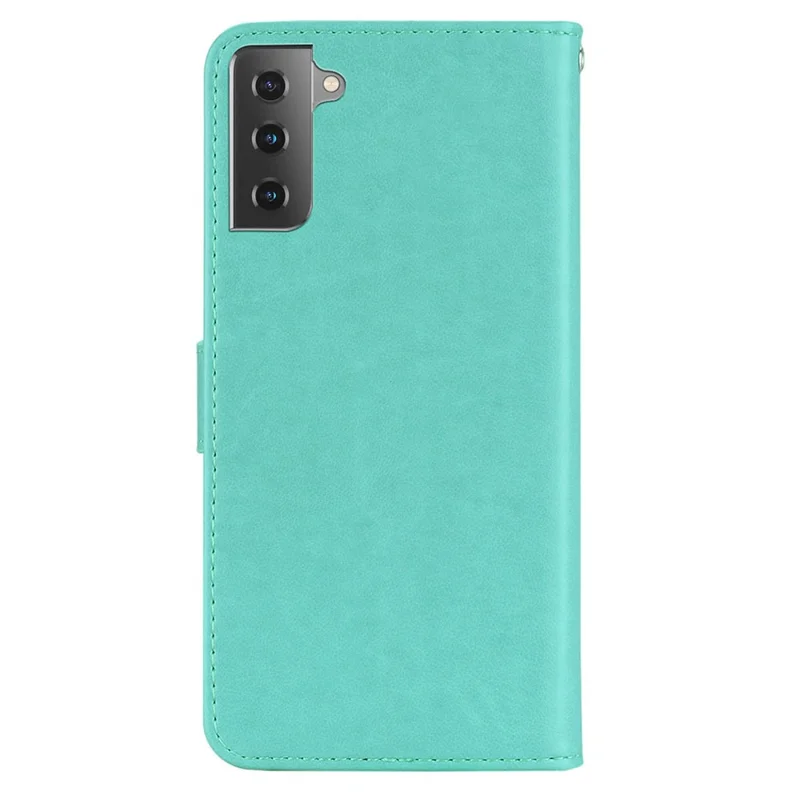 Owl Flower Pattern Imprinted PU Leather Wallet Stand All-Inclusive Protective Case with Strap for Samsung Galaxy S22 5G - Cyan