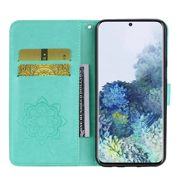 Owl Flower Pattern Imprinted PU Leather Wallet Stand All-Inclusive Protective Case with Strap for Samsung Galaxy S22 5G - Cyan