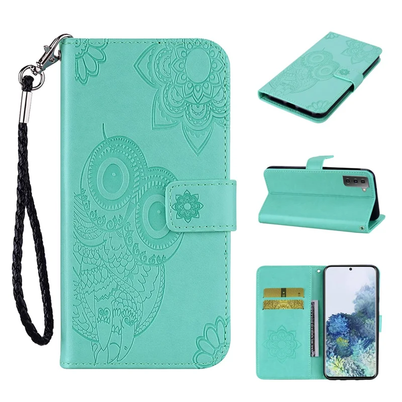 Owl Flower Pattern Imprinted PU Leather Wallet Stand All-Inclusive Protective Case with Strap for Samsung Galaxy S22 5G - Cyan